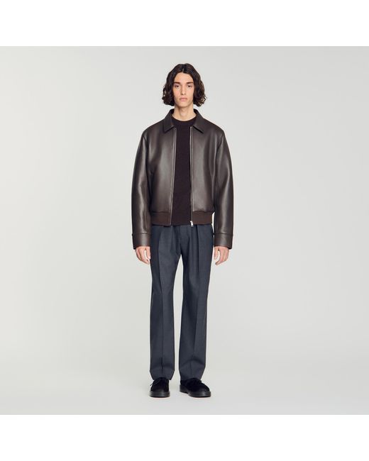 Sandro Black Zip-Up Lambskin Leather Jacket for men