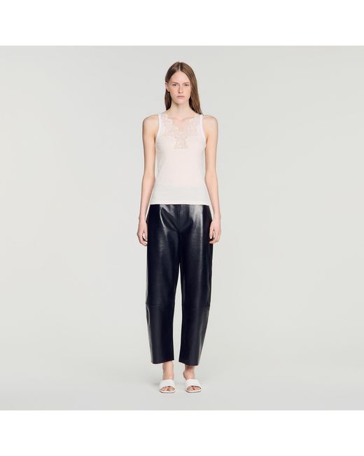 Sandro Blue Ribbed Vest Top With Lace