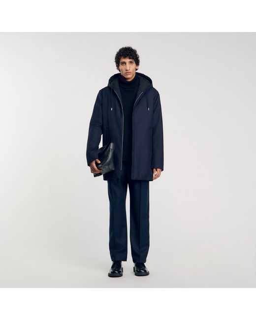 Sandro Blue Navy Technical Quilted Hooded Zip Parka for men