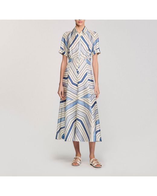 Sandro Blue Spiral-Motif Silk Midi Dress