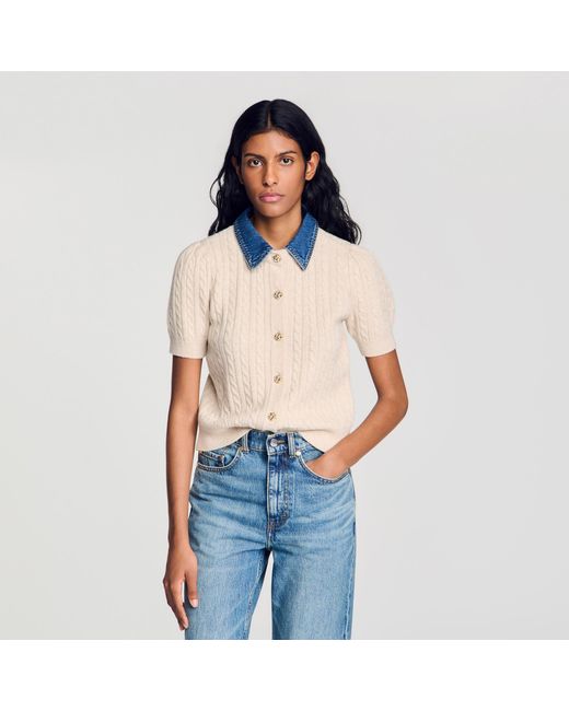 Sandro Blue Cardigan With Denim Collar