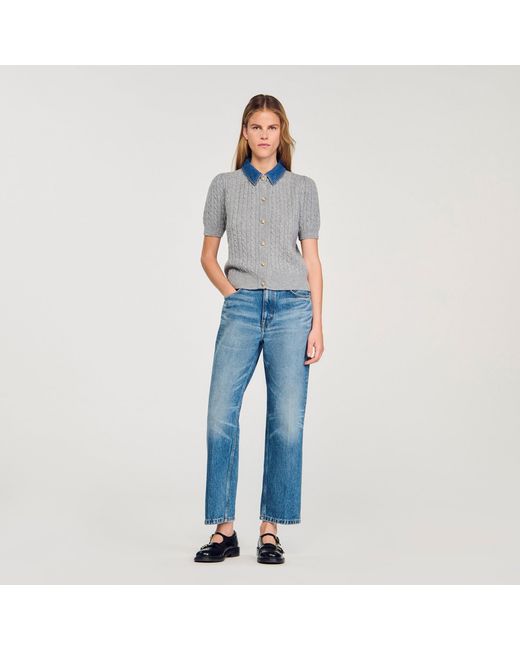 Sandro Blue Cardigan With Denim Collar