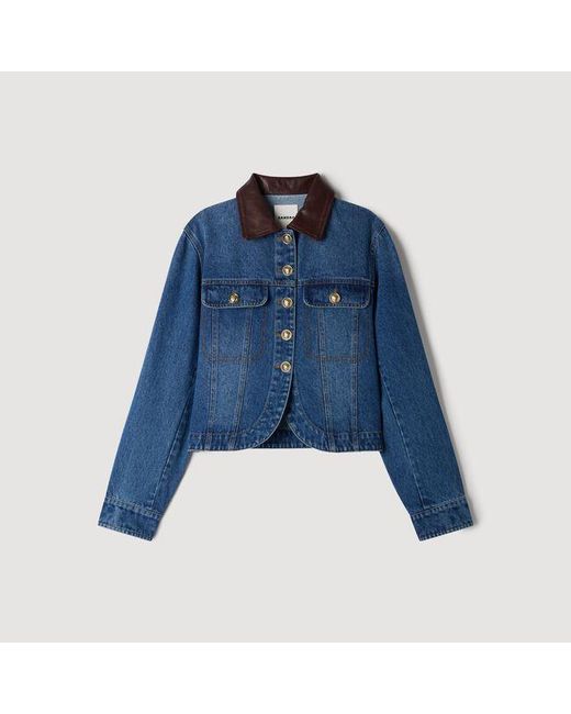 Sandro Blue Denim Jacket With Leather Collar