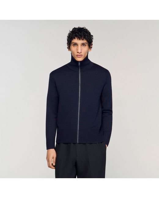 Sandro Blue Zip-Up Wool Cardigan for men