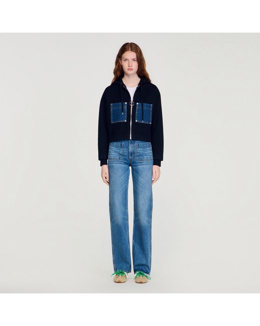 Sandro Blue Knit And Denim Sweatshirt