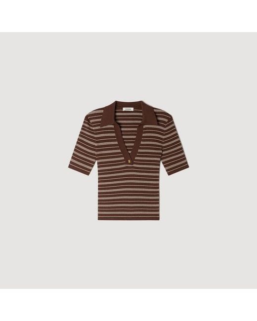 Sandro Natural Striped V-Neck Polo Jumper