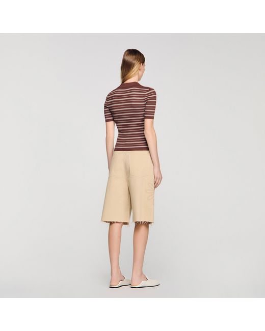 Sandro Natural Striped V-Neck Polo Jumper
