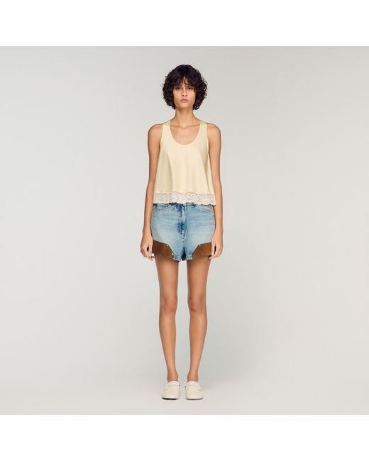 Sandro Blue Satin Top With Lace Trim