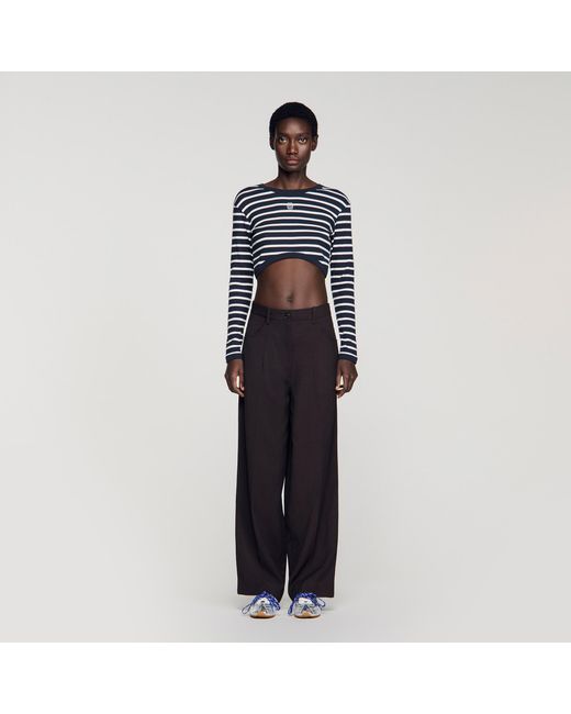 Sandro Blue Cropped Striped Cotton T-Shirt