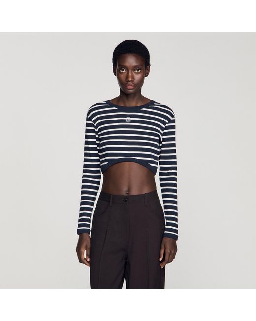 Sandro Blue Cropped Striped Cotton T-Shirt