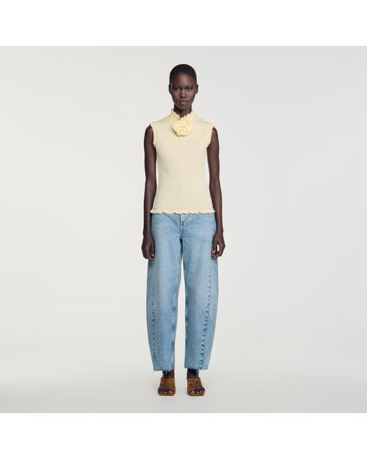 Sandro Blue Smocked T-Shirt With Flower Detail