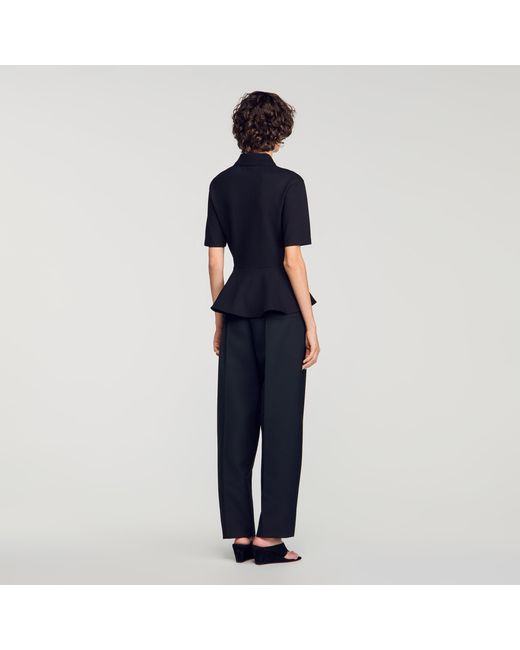 Sandro Blue Peplum T-Shirt With Polo Collar