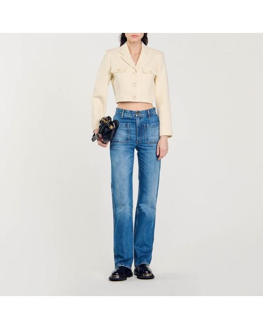 Sandro Blue Cropped Tweed Button-Up Jacket