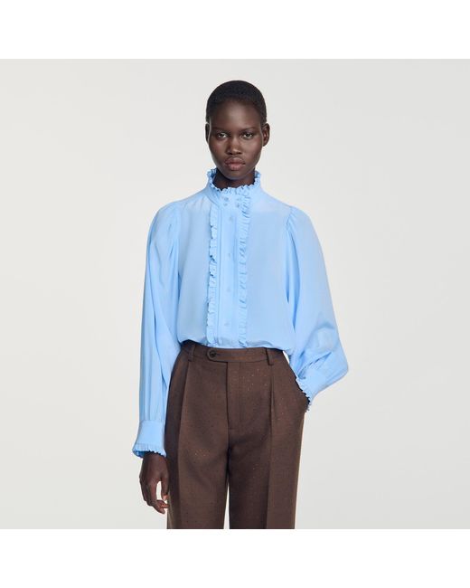 Sandro Blue Silk Shirt With Gathered Collar