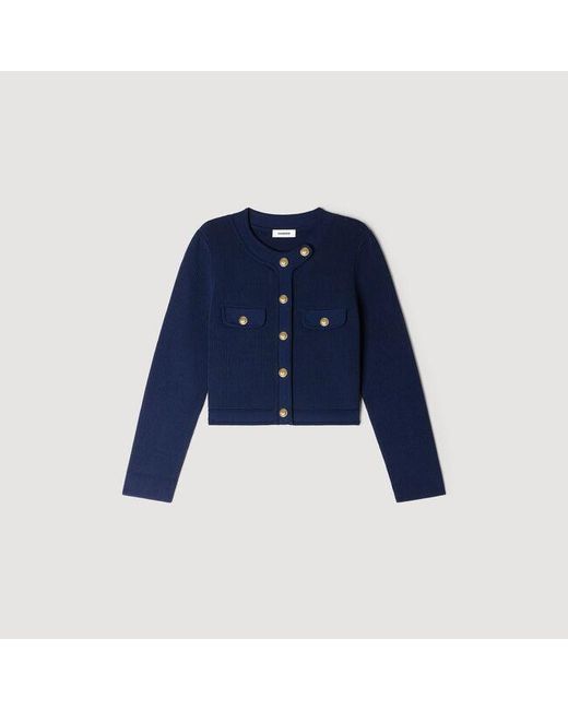 Sandro Blue Cropped Rib Knit Cardigan