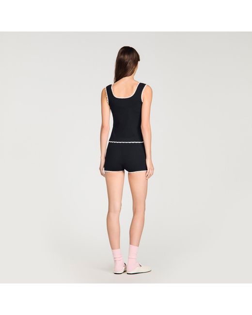 Sandro Black Beaded Embroidered Cotton Vest Top