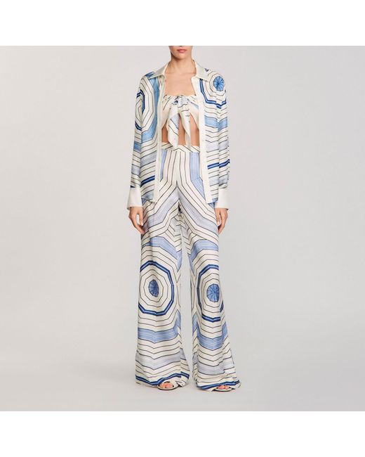Sandro White Spiral-Motif Wide-Leg Trousers