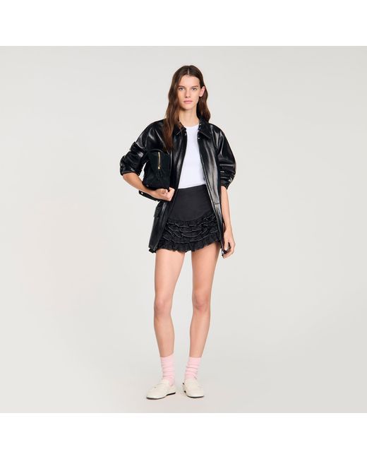Sandro Black Ruffled Skort With Topstitching