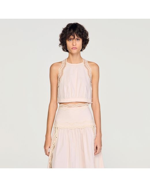 Sandro Pink Cotton Crop Top With Lace Trim