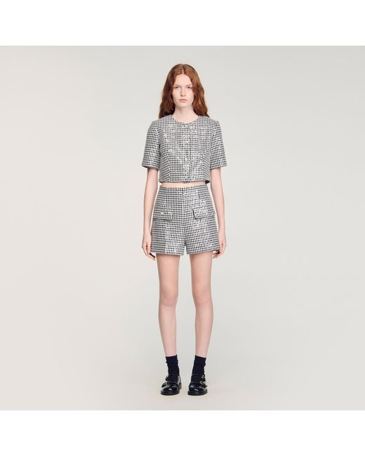 Sandro Black Sequin Houndstooth Tweed Shorts