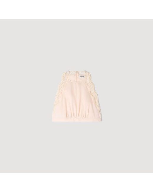 Sandro Pink Cotton Crop Top With Lace Trim