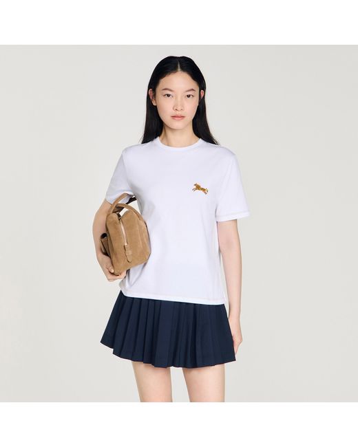 Sandro Blue Horse Embroidery Cotton T-Shirt