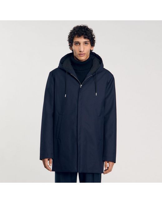 Sandro Blue Navy Technical Quilted Hooded Zip Parka for men