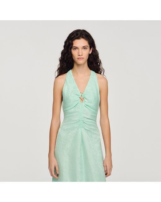 Sandro Green Floral Print V-Neck Maxi Dress