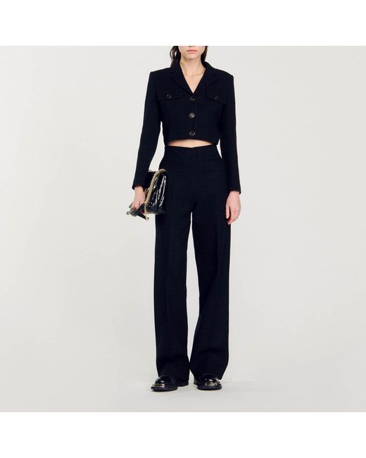 Sandro Blue Cropped Tweed Button-Up Jacket