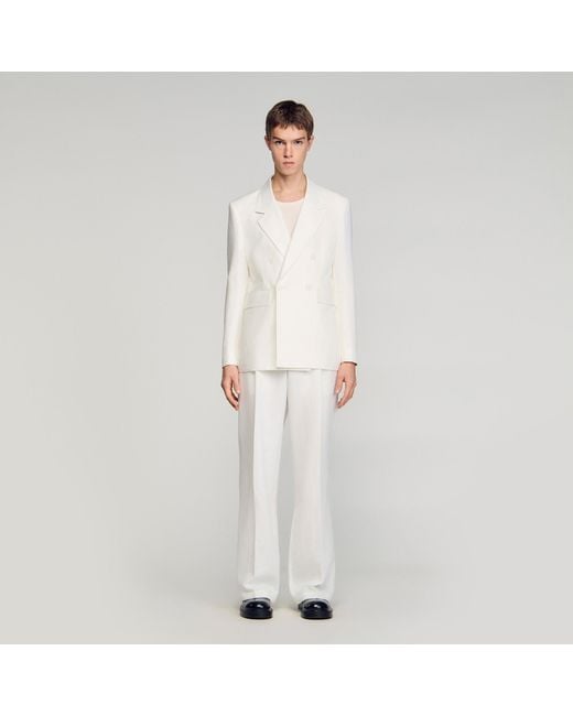 Sandro White Double-Breasted Linen Suit Jacket for men
