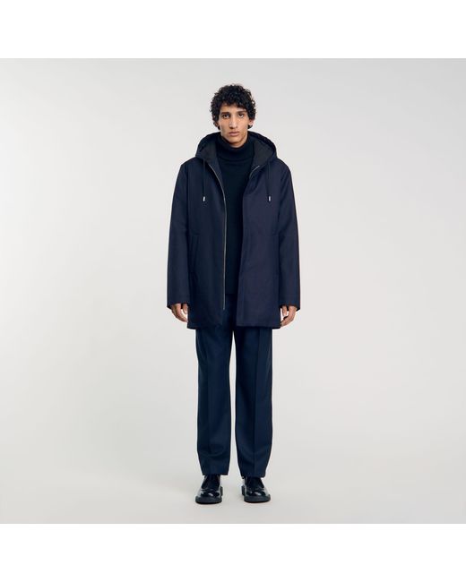 Sandro Blue Navy Technical Quilted Hooded Zip Parka for men