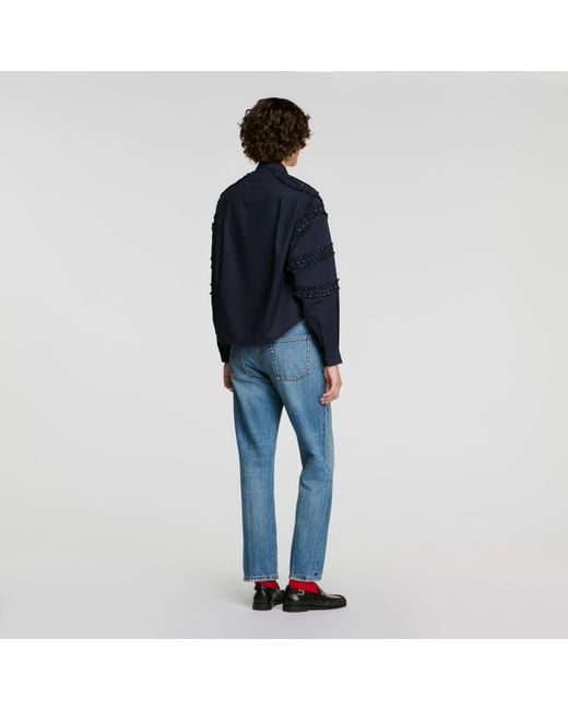 Sandro Blue Gathered Rhinestone Cotton Shirt