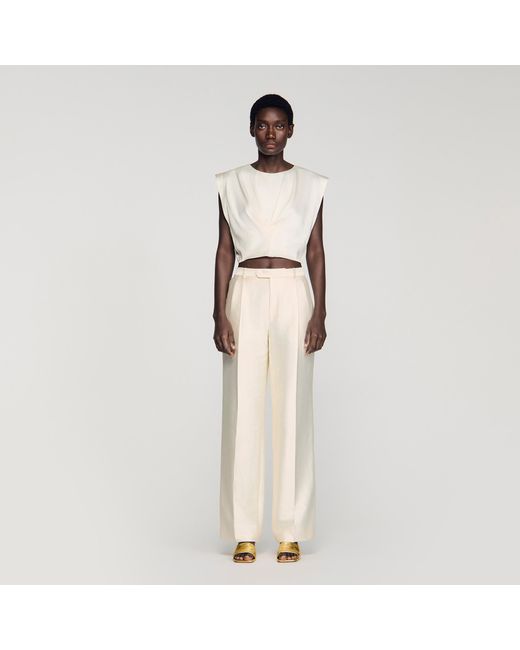 Sandro Natural Pleated Satin Crop Top