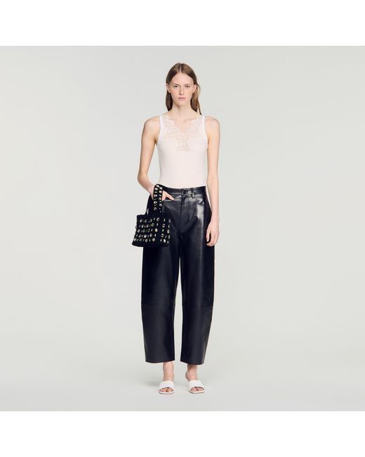 Sandro Blue Ribbed Vest Top With Lace