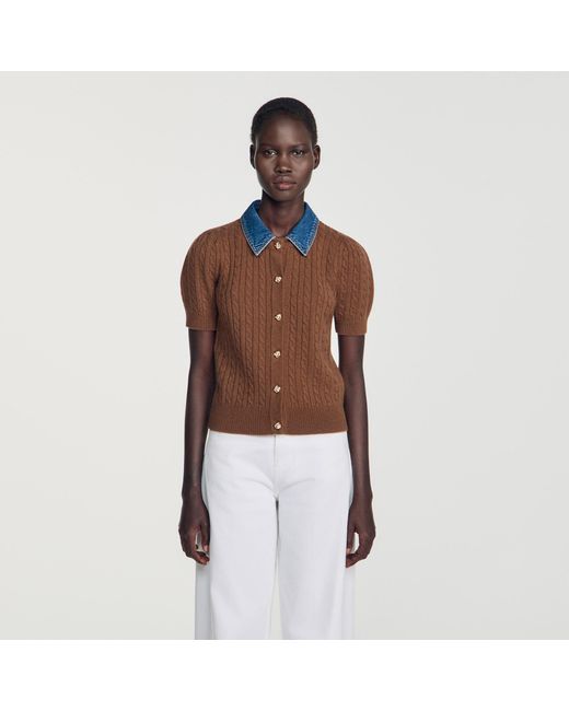 Sandro White Cardigan With Denim Collar