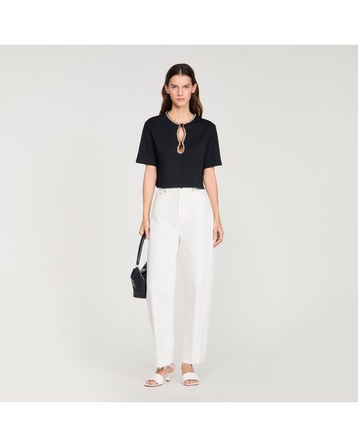 Sandro Black Rhinestone Cropped T-Shirt