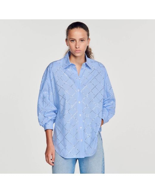 Sandro Blue Oversized Shirt With Rhinestones