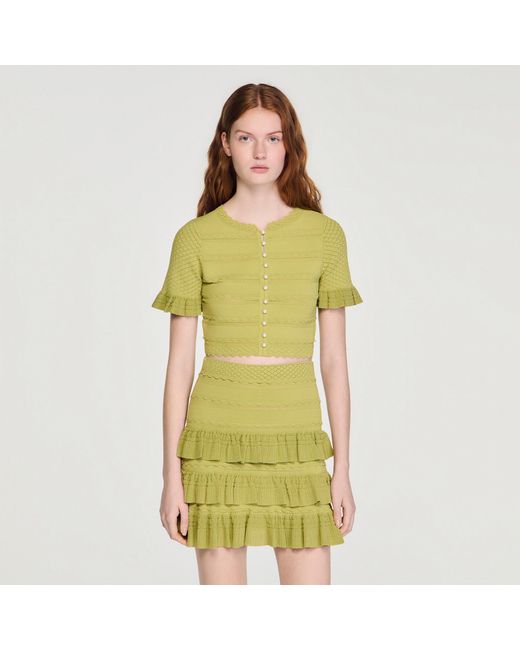 Sandro Yellow Cropped Ruffled-Sleeve Cardigan