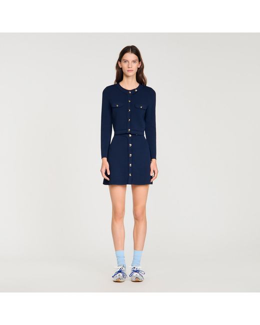 Sandro Blue Cropped Rib Knit Cardigan