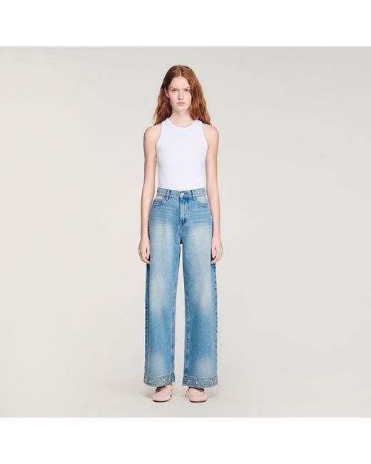 Sandro Blue Straight Rhinestone Cotton Jeans