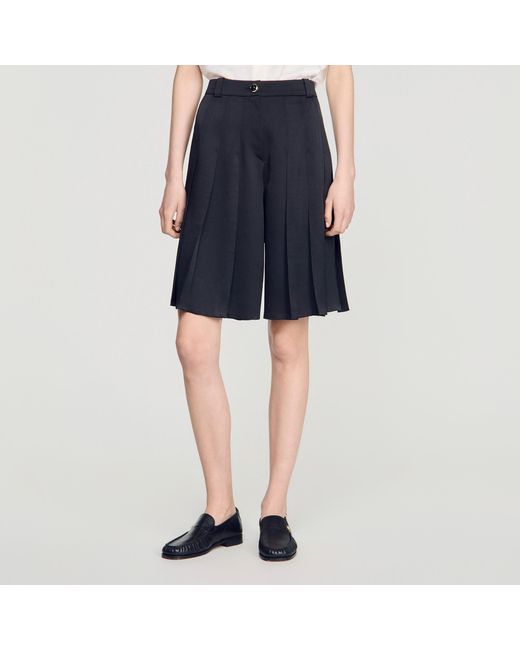 Sandro Blue Long High-Waisted Pleated Shorts