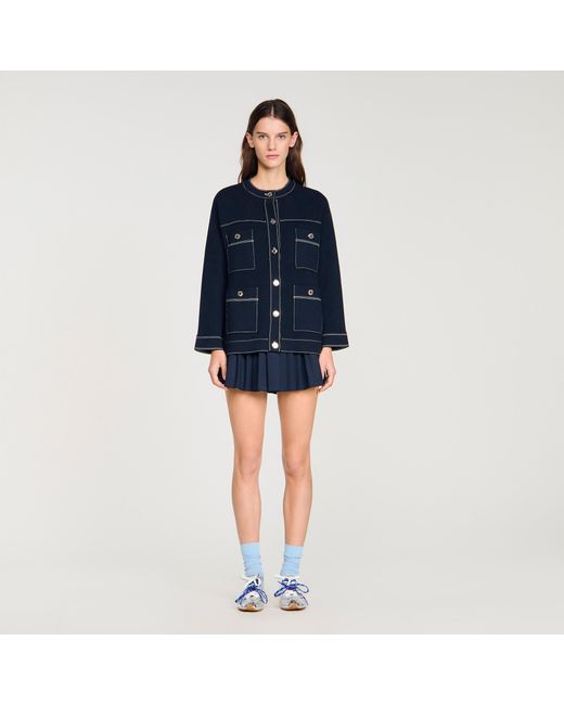 Sandro Blue Contrast Stitch Cardigan