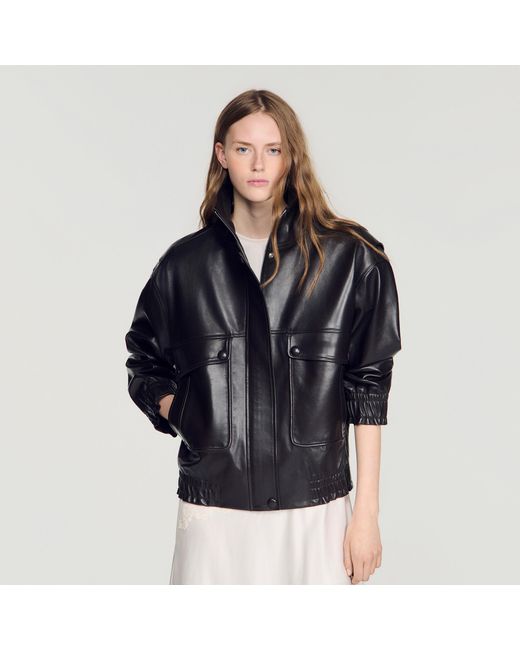 Sandro Black Standing Collar Leather Jacket