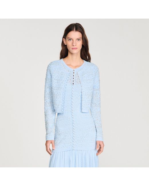 Sandro Blue Cropped Pearled Cardigan