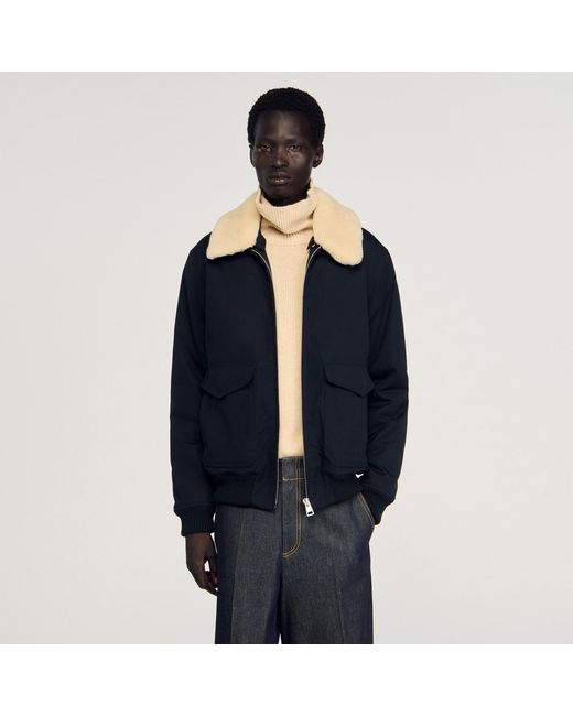 Sandro Blue Shearling Collar Aviator Jacket for men