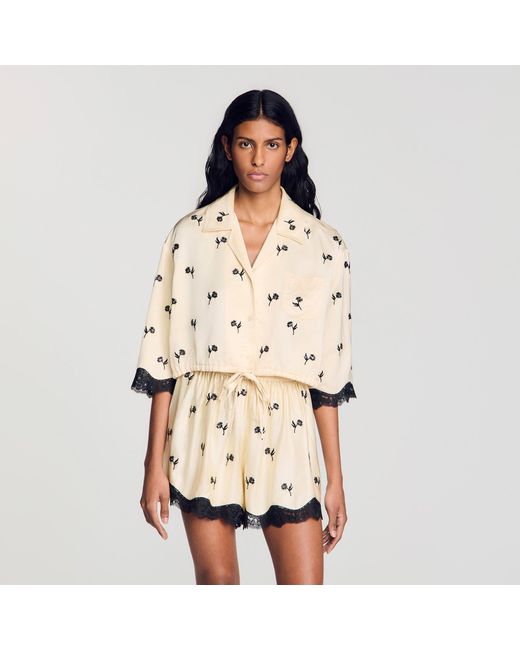 Sandro Natural Cropped Floral Embroidered Shirt
