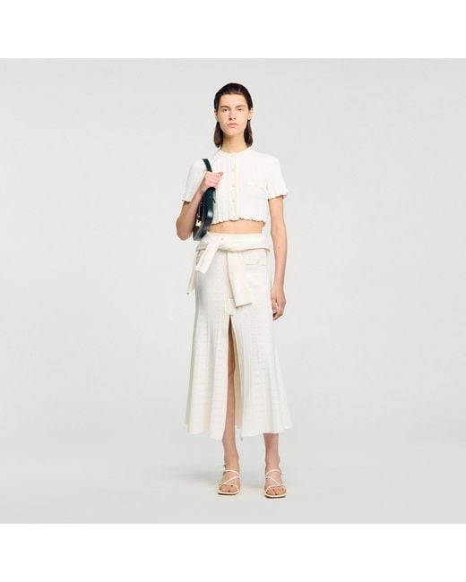 Sandro White Cropped Pointelle Knit Cardigan