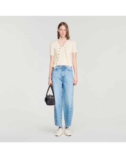 Sandro Blue Ruffled Rib Knit Cardigan
