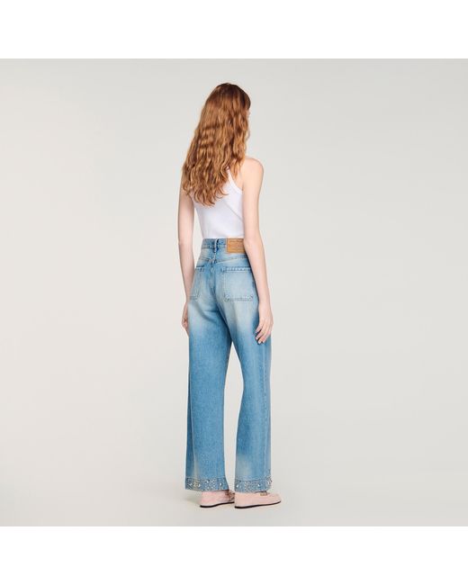 Sandro Blue Straight Rhinestone Cotton Jeans