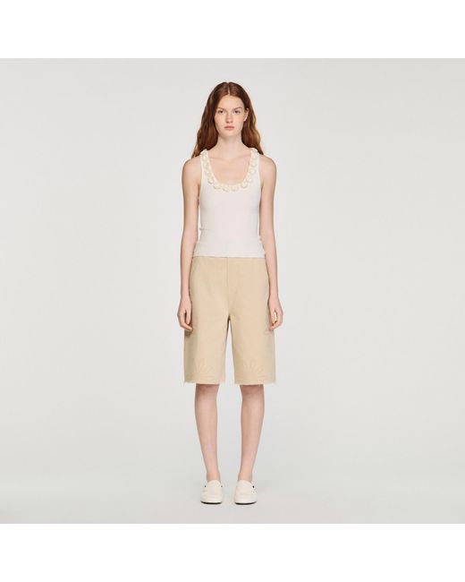 Sandro White Ribbed Jumper With Beaded Roses